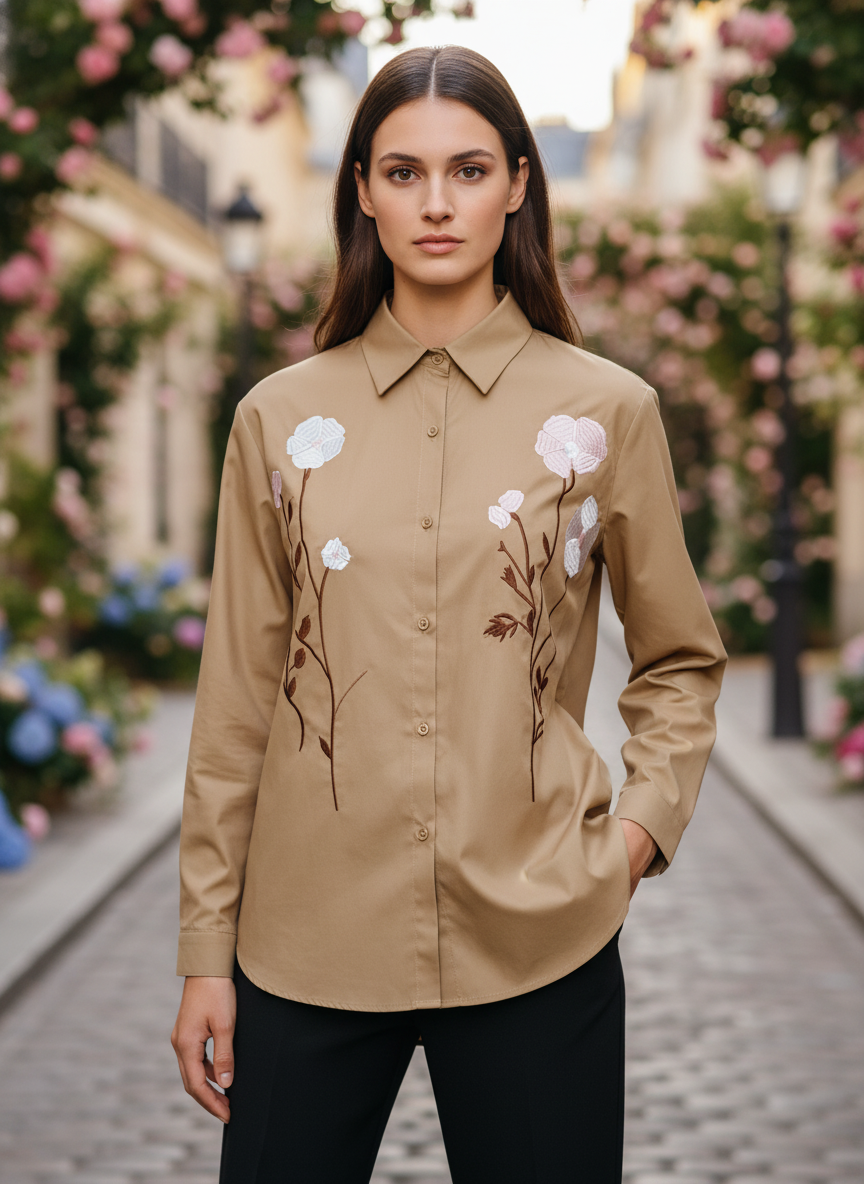 Elegant Floral Embroidered Cotton Shirt
