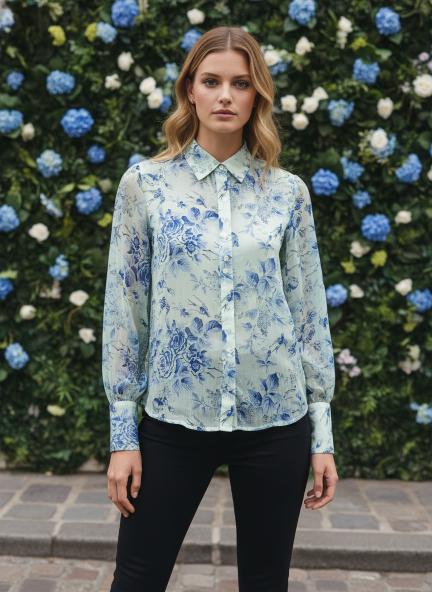 Premium Chiffon Blue And White Long Length Curved Hem Digital Print Shirt