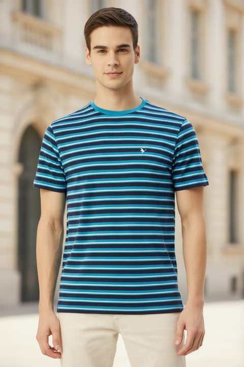 Mens Premium Cotton Striped Half Sleeve Crew Neck T-Shirts