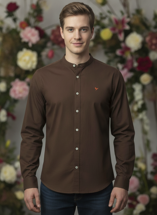Premium Men'S Brown Crinkle Cotton Shirt - Mandarin Collar, Long Sleeves