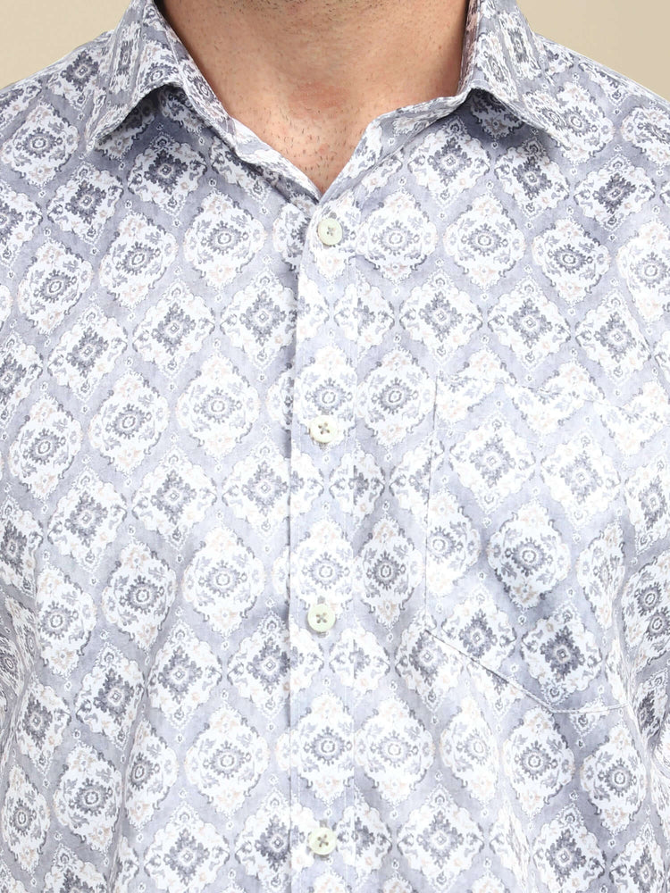 Men'S Poly Satin Lycra Grey Digital Printed Shirt