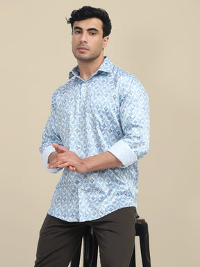 Men's Poly Satin Lycra Mint Green Digital Printed Shirt