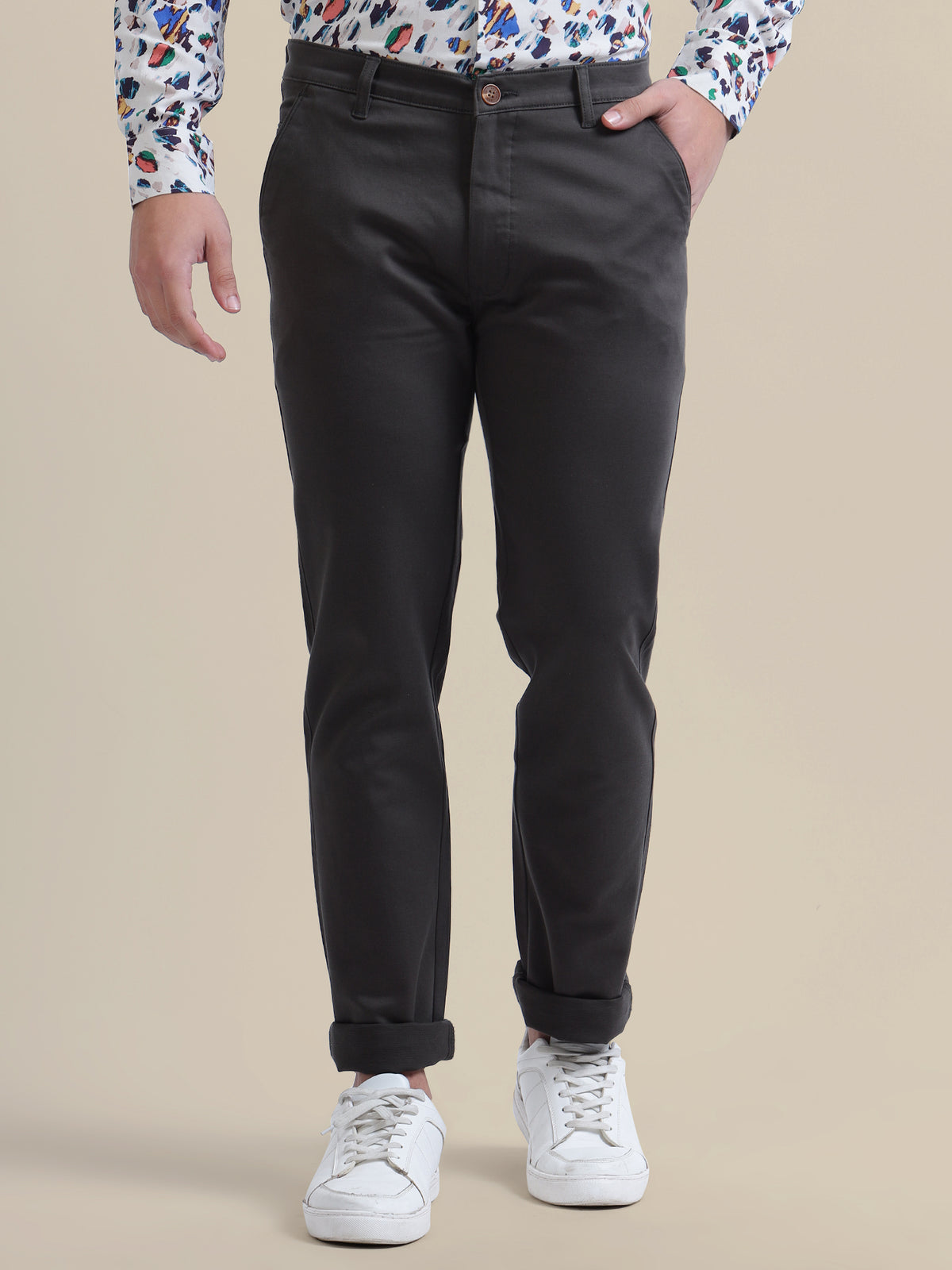 Black Casual Trousers Solid Cotton Lycra Smart Fit