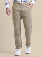 Beige Casual Trousers  Solid Cotton Lycra Smart Fit
