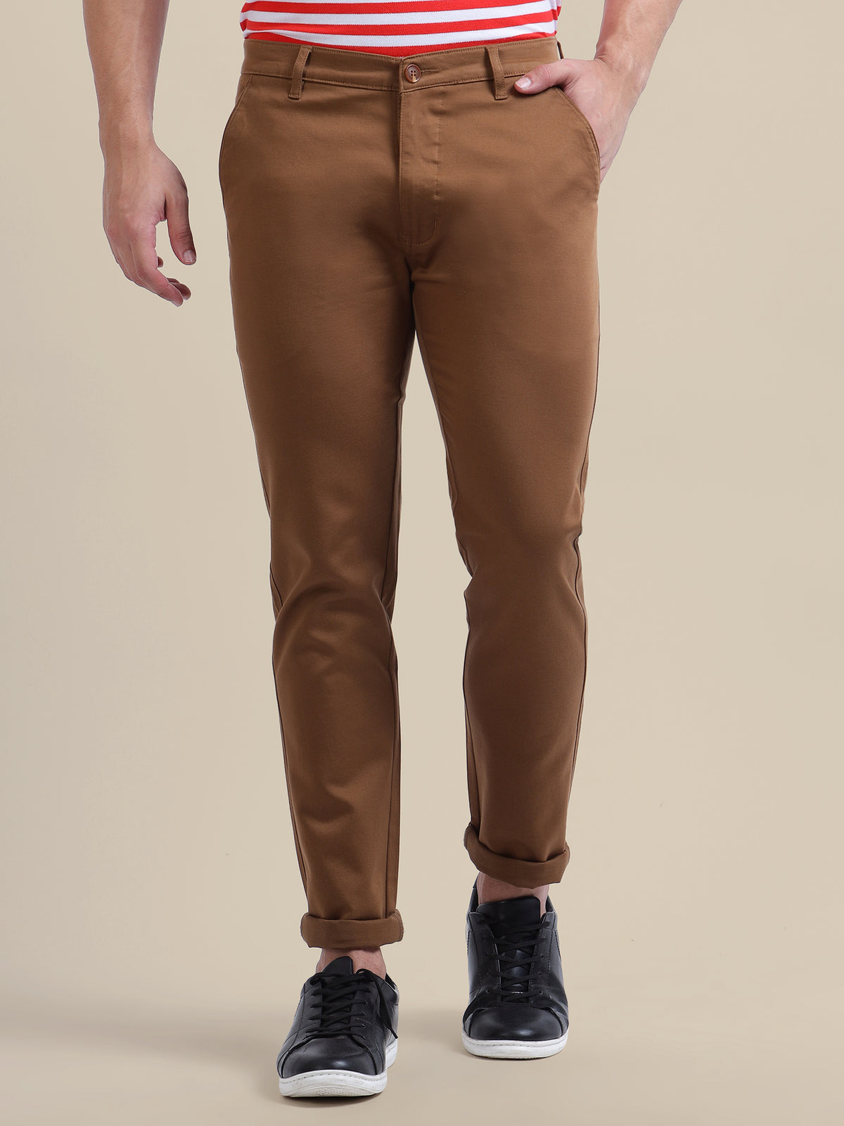 AMSWAN  MEN'S BROWN CASUAL TROUSERS - SOLID COTTON LYCRA, SMART FIT