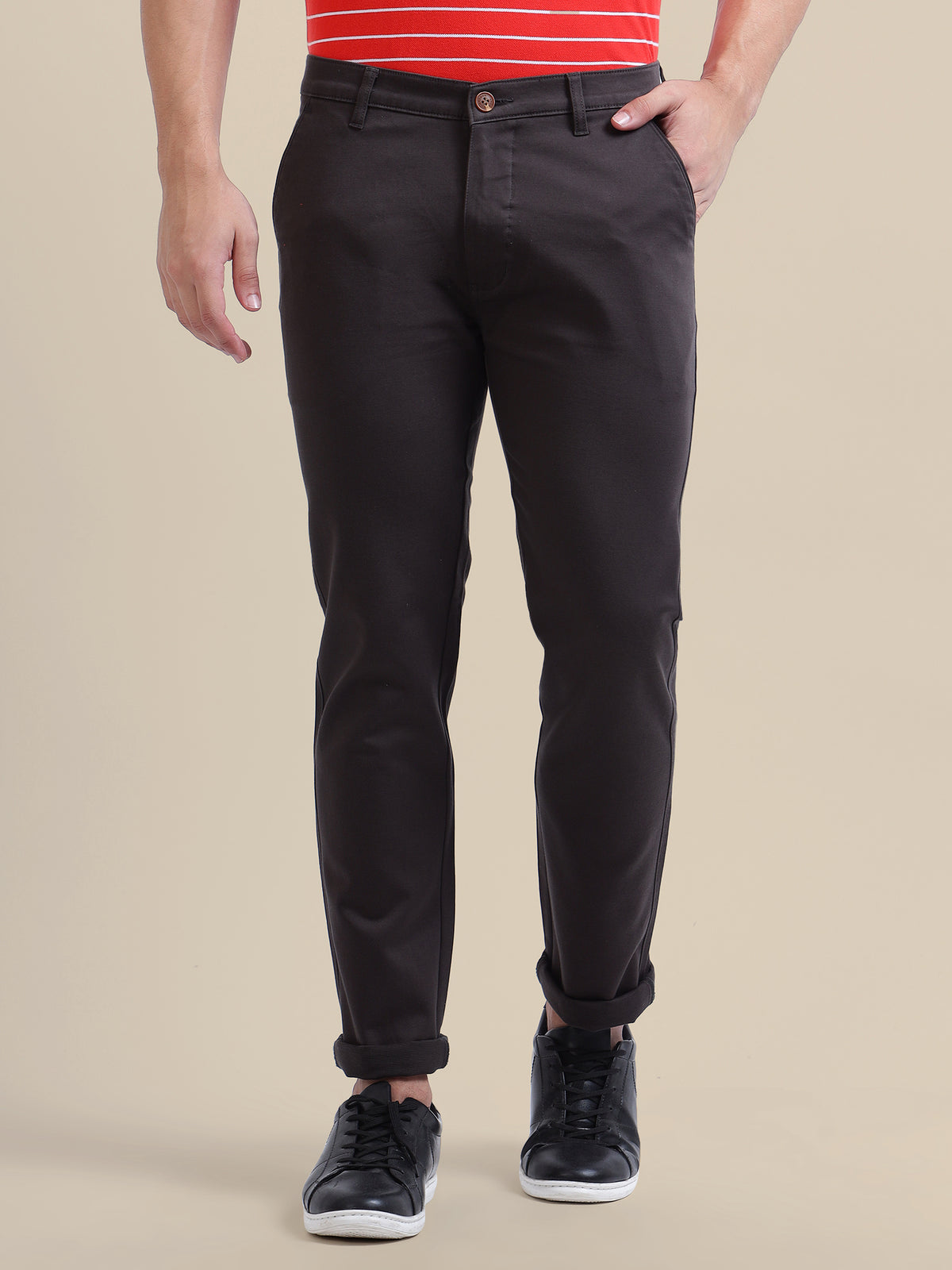 Black  Casual Trousers Solid Cotton Lycra Smart Fit
