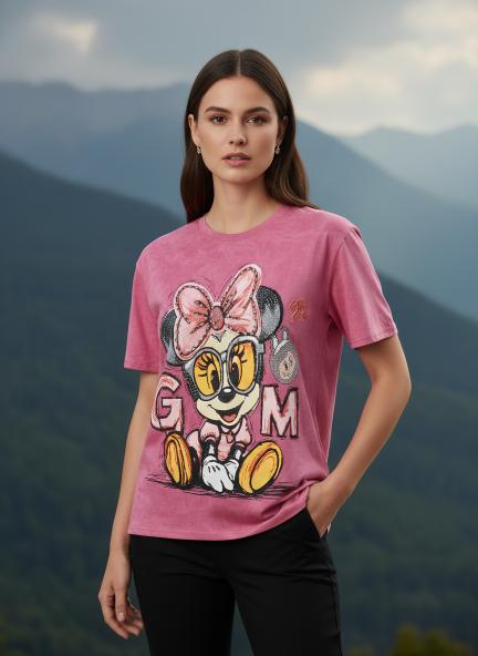 Cute Cartoon Graphic Printed Pink T-Shirt for Women