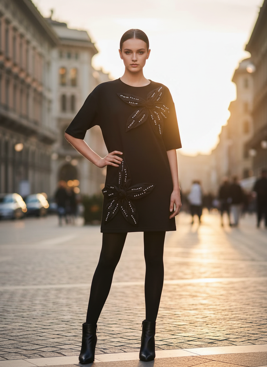 Elegant Black Floral Applique Oversized T-Shirt for Women