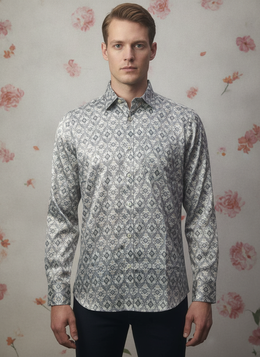 Men'S Poly Satin Lycra Grey Digital Printed Shirt