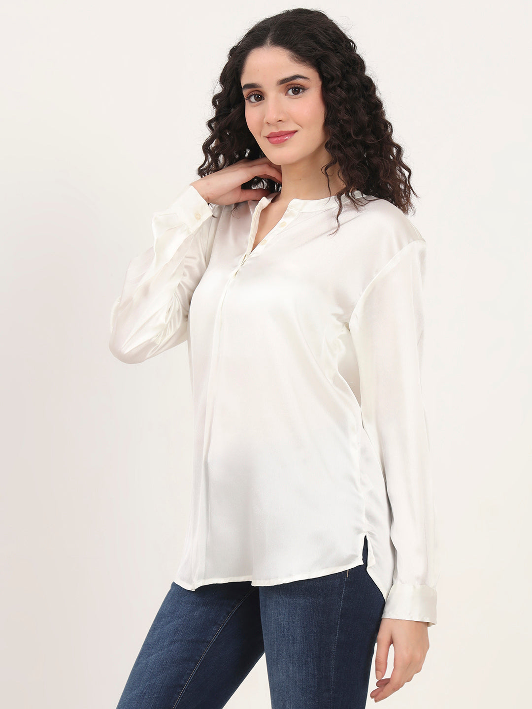 Summer Satin Off White Front Pleated Tunic