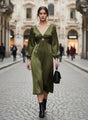Women's Luxury European Satin Midi Dress Olive