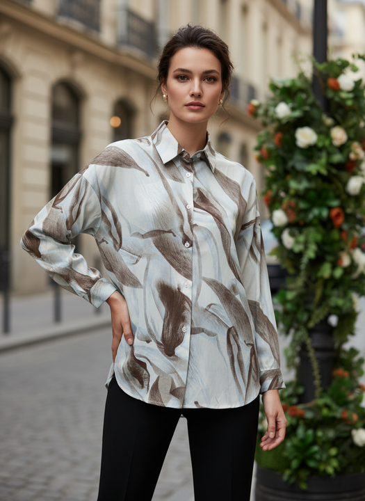 Women Light Blue Brown Abstract Floral Print Button Down Shirt