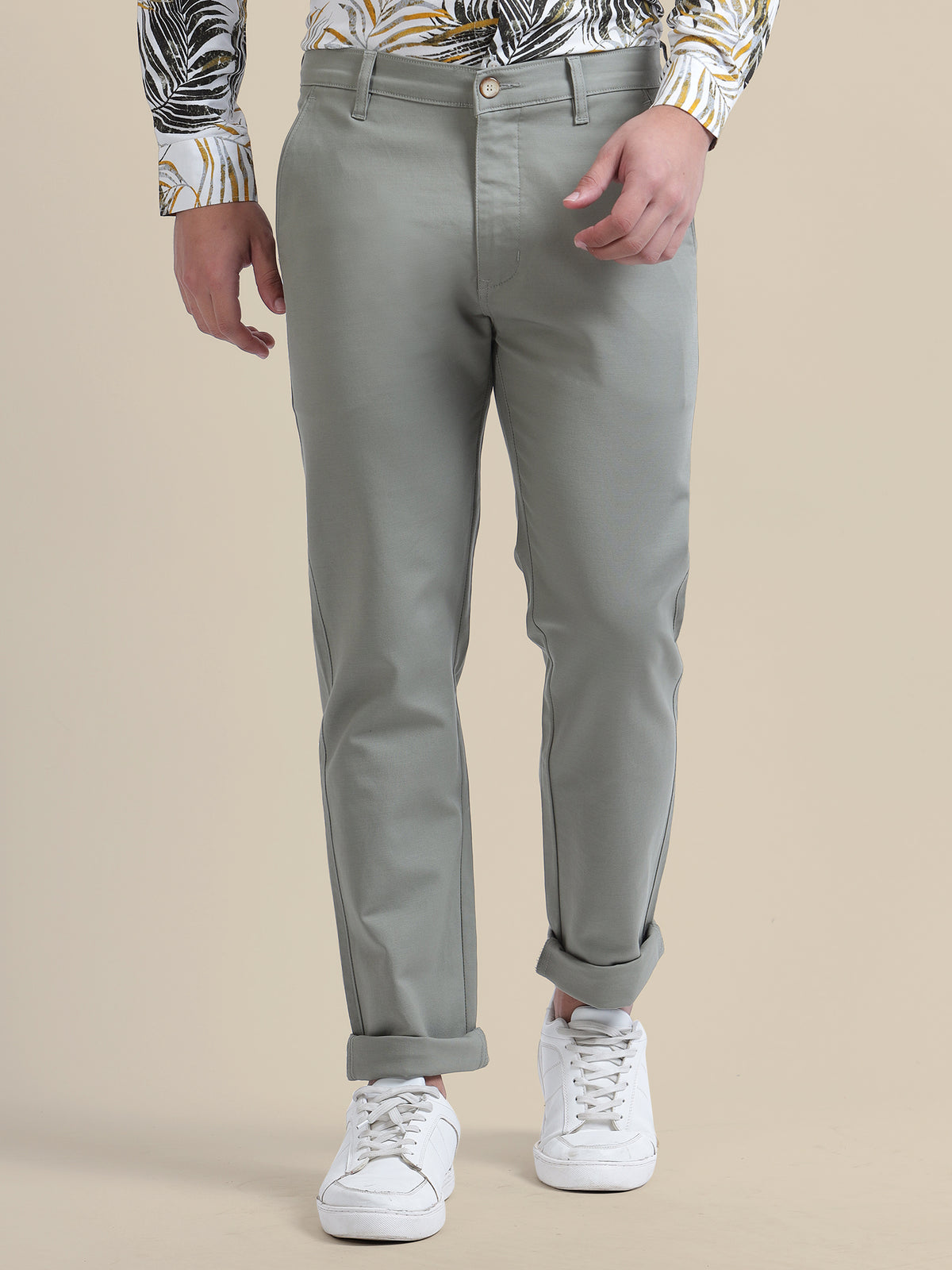 Grey Casual Trousers Solid Cotton Lycra Smart Fit