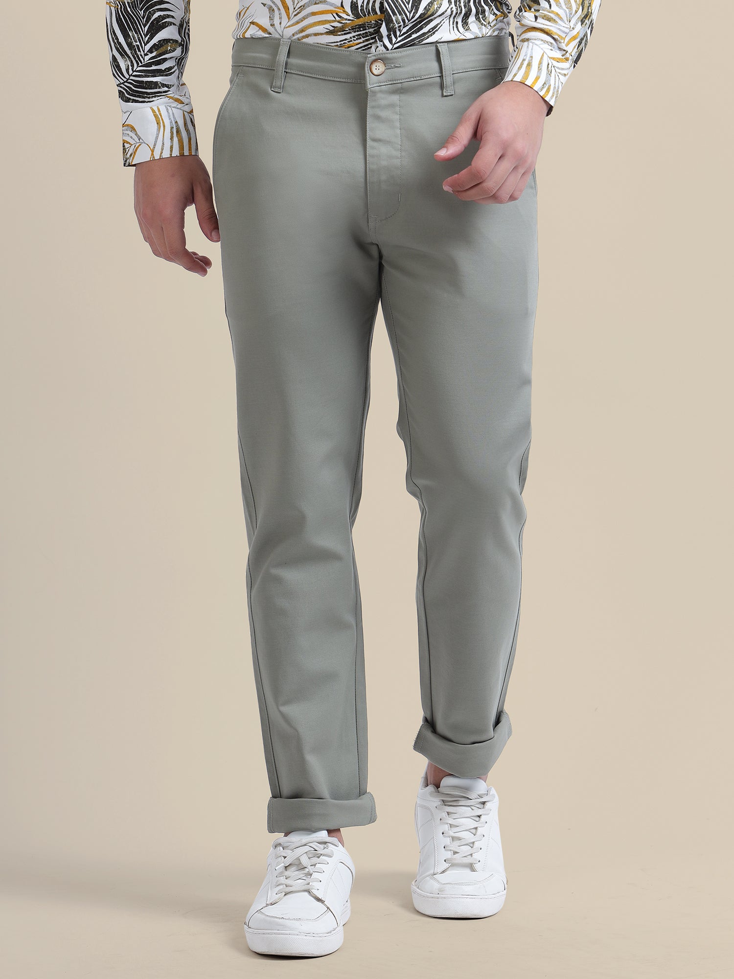 AMSWAN  MEN'S GREY CASUAL TROUSERS - SOLID COTTON LYCRA, SMART FIT