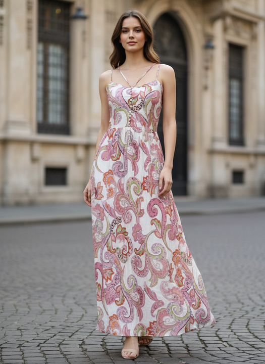 Elegant Paisley Print Maxi Dress for Women – Soft Pastel Summer Dress