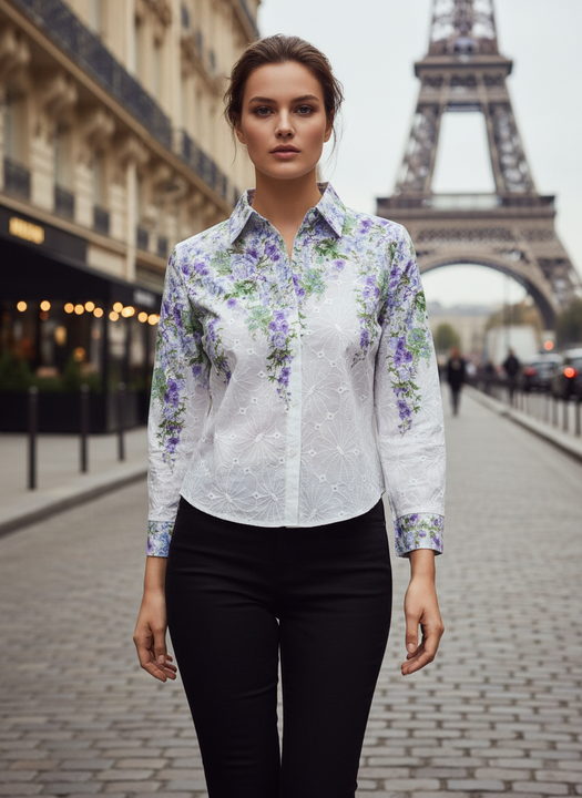 White Purple Floral Embroidered Shirt for Women