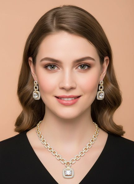 Luxury Cubic Zirconia Chain Link Pendant Necklace & Earrings Set