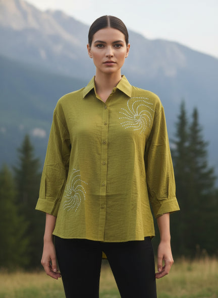 Olive Green Beaded Spiral Linen Shirt