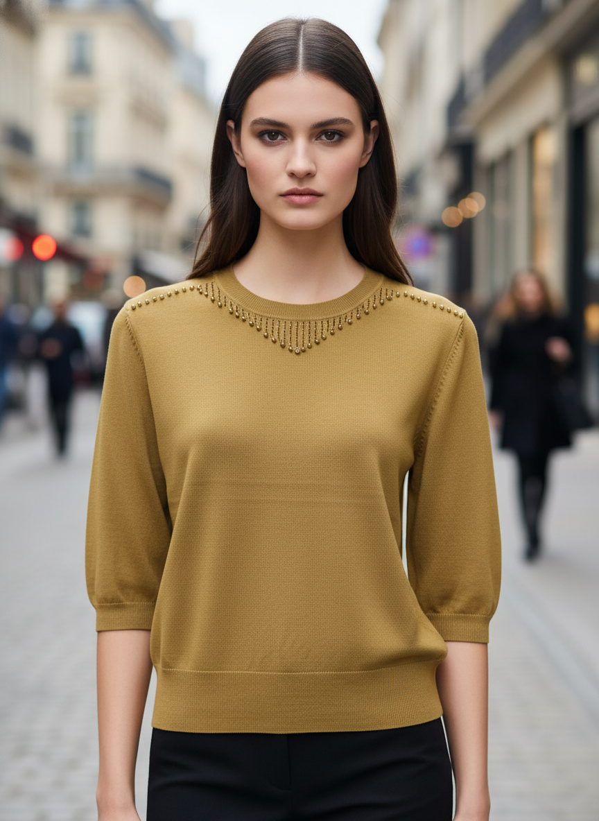 Mustard Green Beaded Neck Knit Top