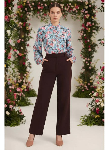 Banana Crepe Dark Choclate Straight Fit With Flap Pocket Trouser