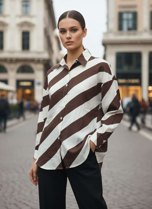 Women Brown & White Diagonal Stripe Button Down Shirt