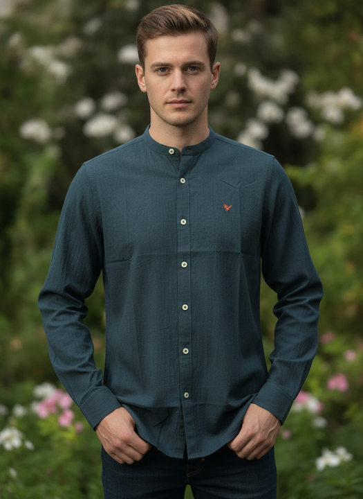 Amswan Premium Men'S Blue Crinkle Cotton Shirt - Mandarin Collar, Long Sleeves