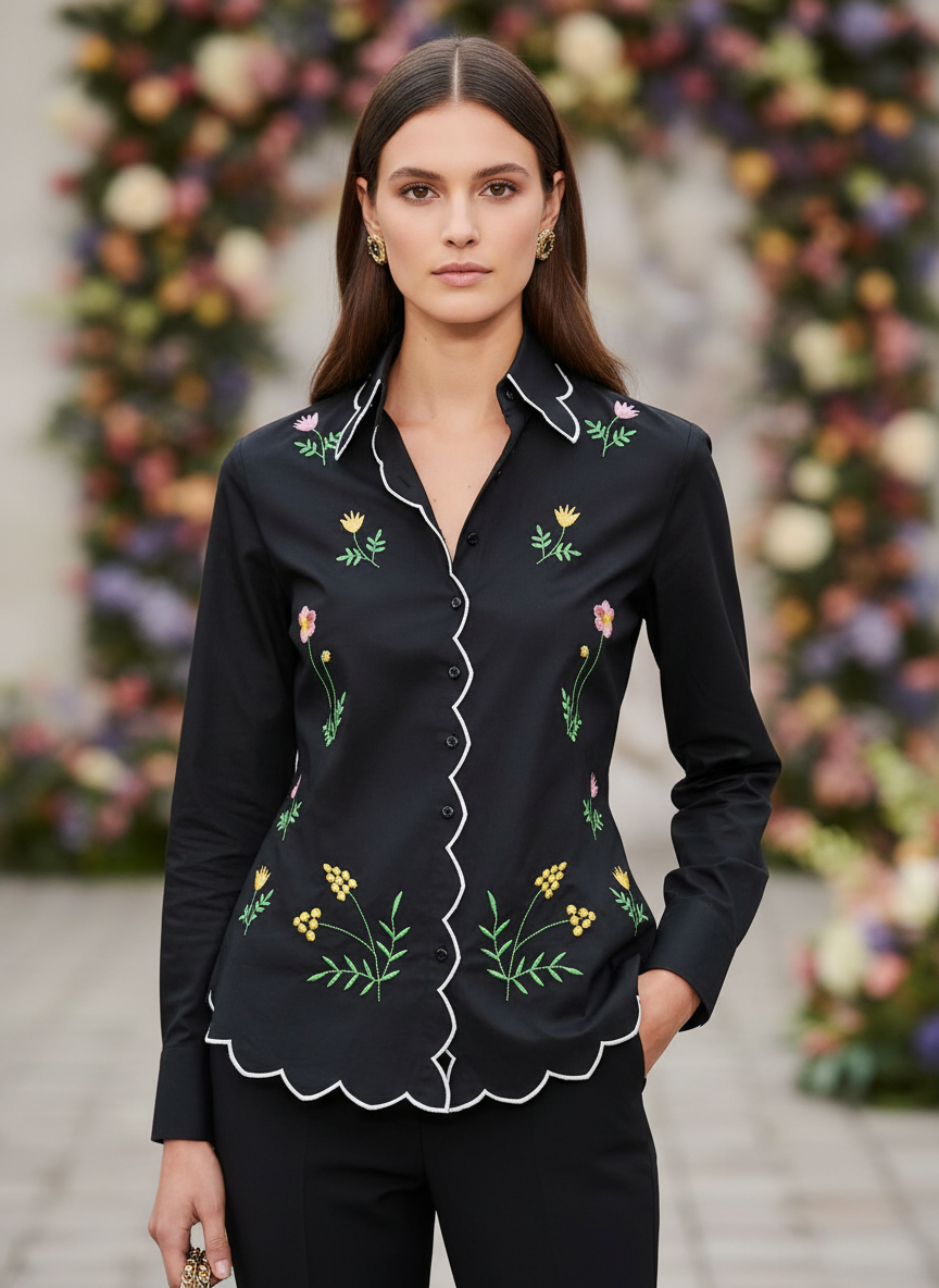 Elegant Black Floral Embroidered Scallop Edge Shirt for Women