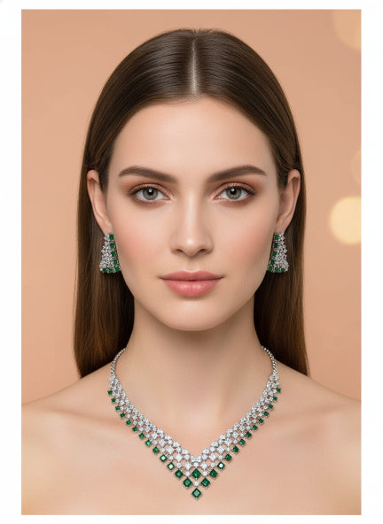 Luxury Green & White Cubic Zirconia Necklace Set with Earrings for Women