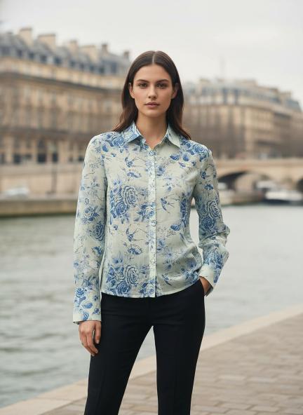 Premium Chiffon Blue And White Regular Length Straight Hem Digital Print Shirt