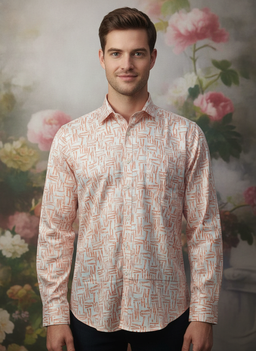 Men'S Poly Satin Lycra Orange Digital Printed Shirt