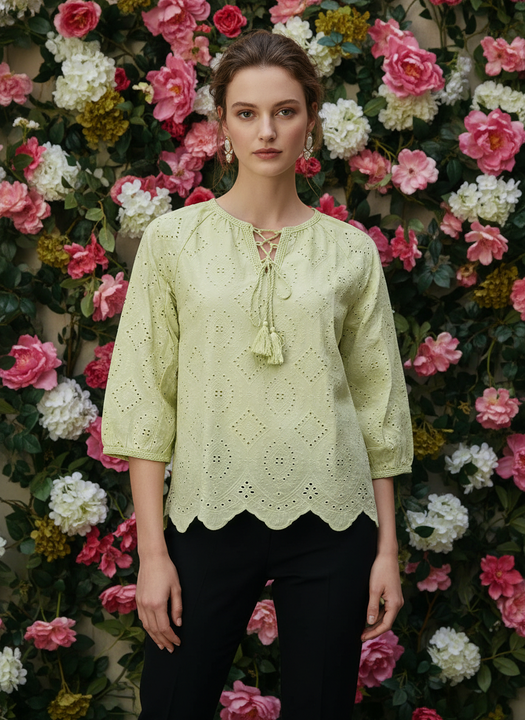 Chic Cutwork Women’s Top with Tassel Tie