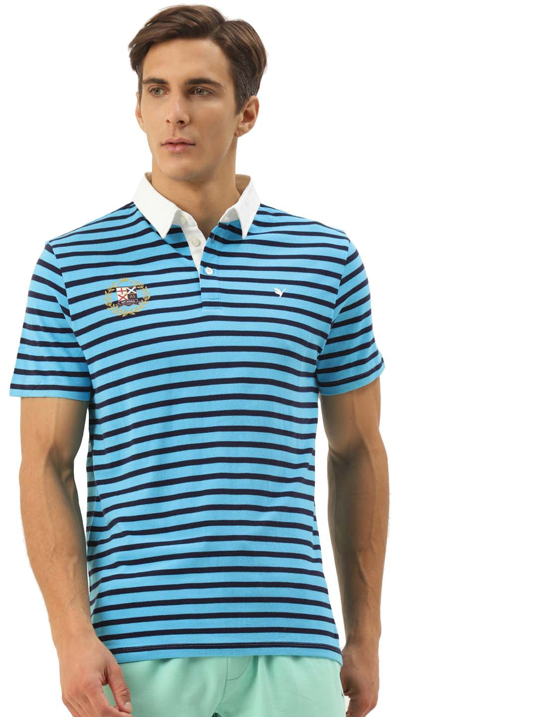 Premium Blue Cotton Striped Half Sleeve Polo