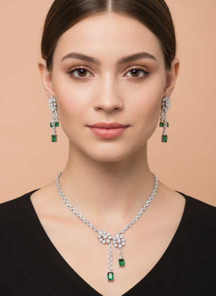 Luxury Silver-Tone Cubic Zirconia Floral Drop Necklace & Emerald Dangle Earrings Set