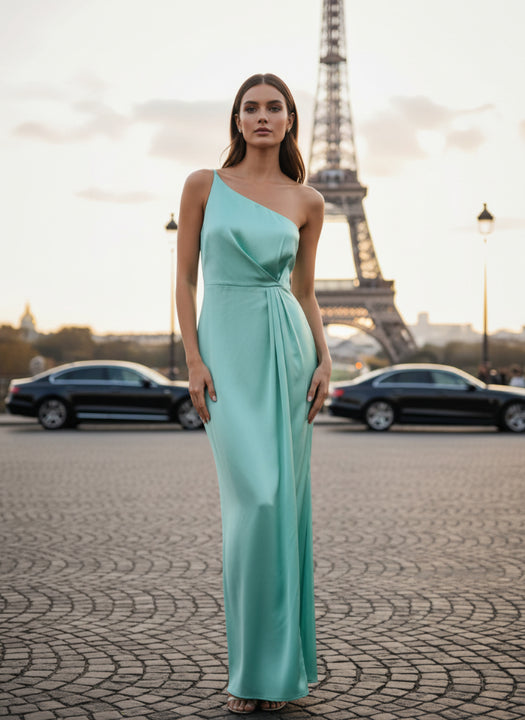 Women's Luxury One-Shoulder European Satin Dress Mint Frost