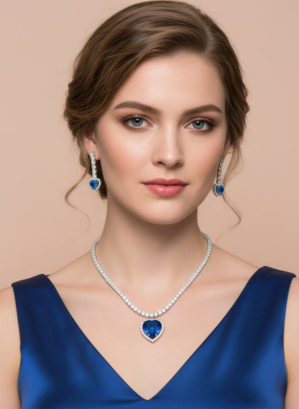 Celestial Blue Heart Cubic Zirconia Necklace & Earrings Set