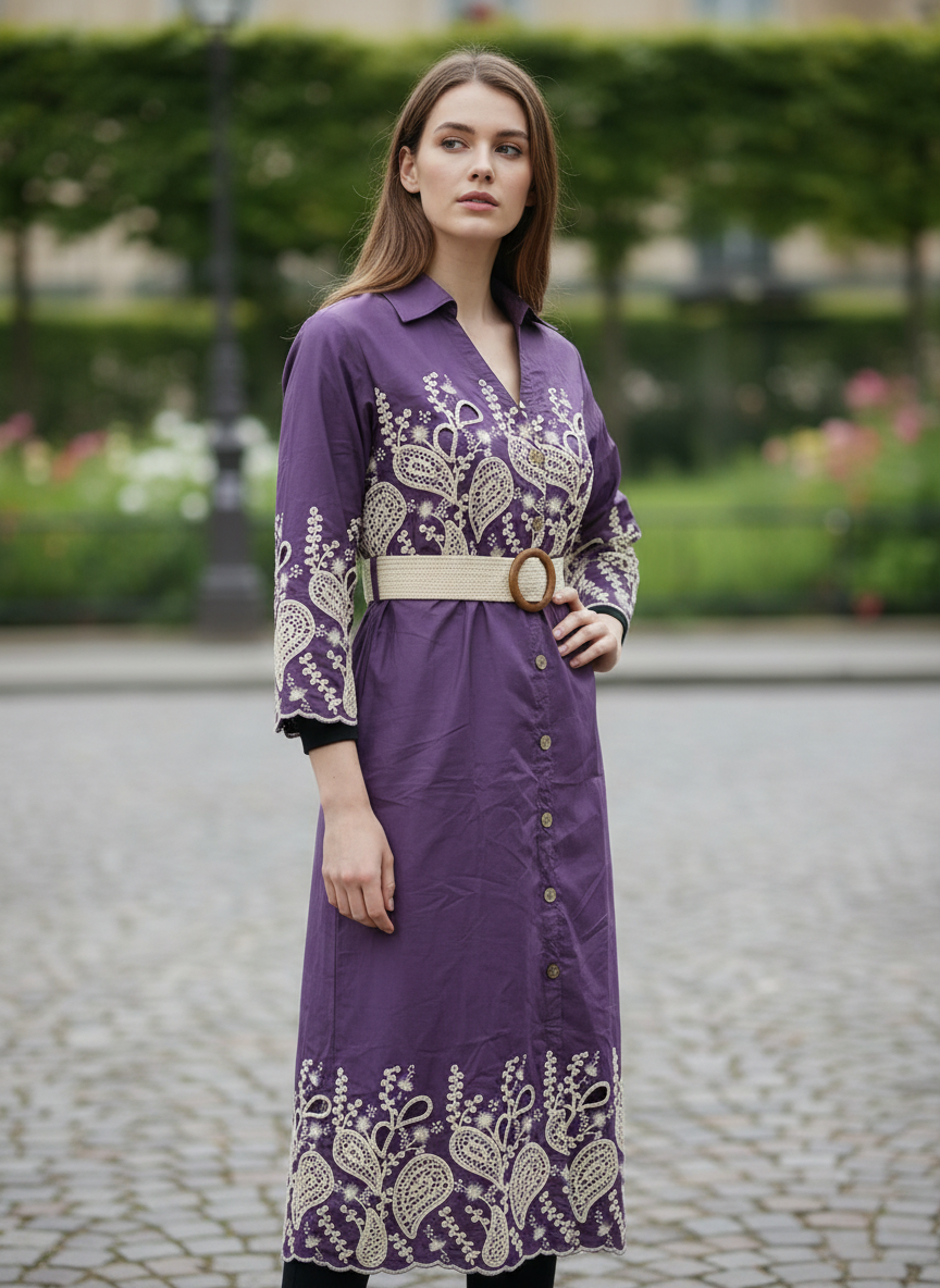 Women’s Purple Embroidered Shirt Dress with Belt