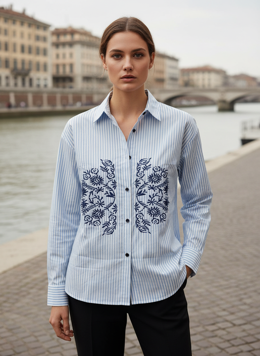 Chic Blue Striped Embroidered Shirt for Women