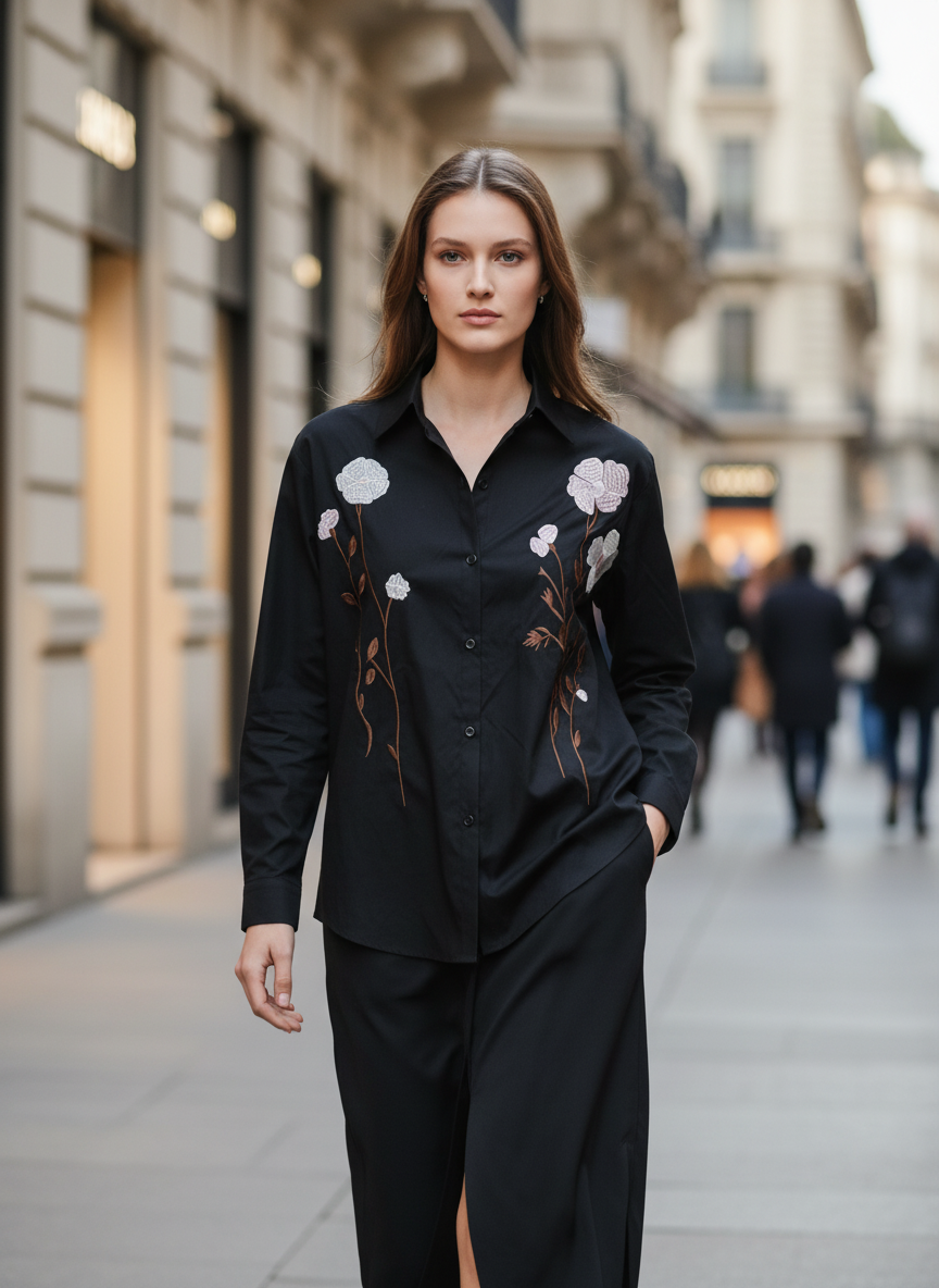 Elegant Black Floral Embroidered Shirt for Women