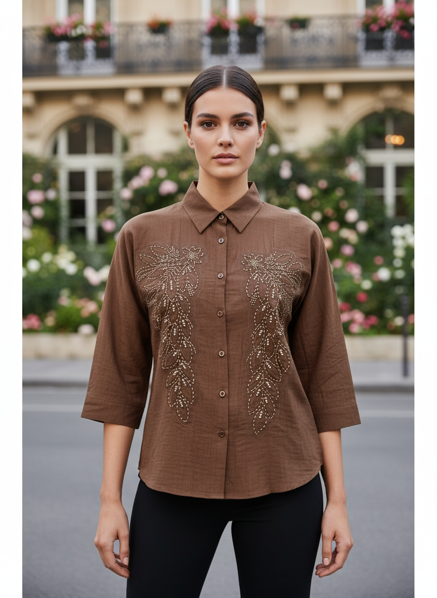 Elegant Earth-Tone Embroidered Cotton Shirt for Women