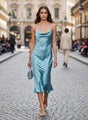 Women’s Luxury Satin Midi Dress Aqua Spaghetti Strap