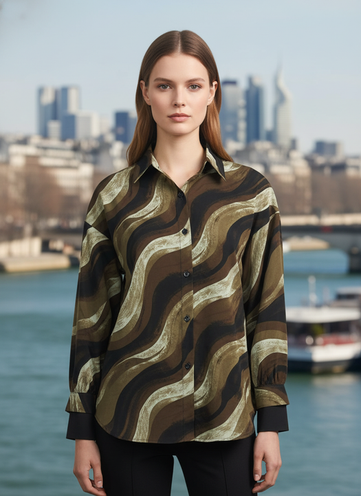 Women's Olive Green & Black Abstract Wavy Printed Oversized Shirt