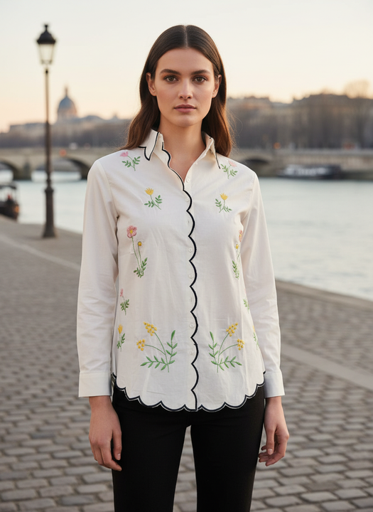 Elegant Ivory Floral Embroidered Scallop Edge Shirt for Women