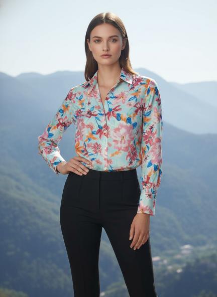 Premium Muslin Pink Regular Length Straight Hem Digital Print Shirt