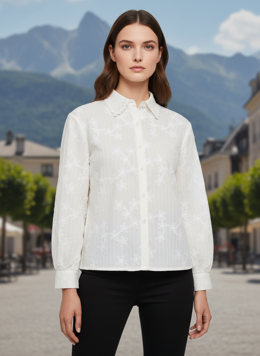 White Floral Embroidered Women Shirt