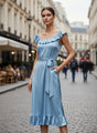 Women’s Luxury European Satin Ice Blue Mist Midi Dress