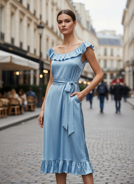 Women’s Luxury European Satin Ice Blue Mist Midi Dress