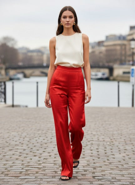 Satin Wide Leg Pants European Fabric  Red Glam Look