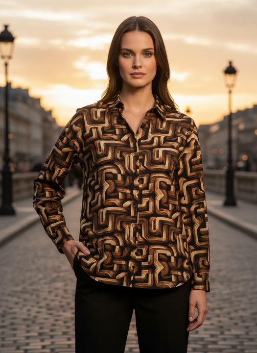 Brown Abstract Geometric Print Full Sleeve Shirt for Women