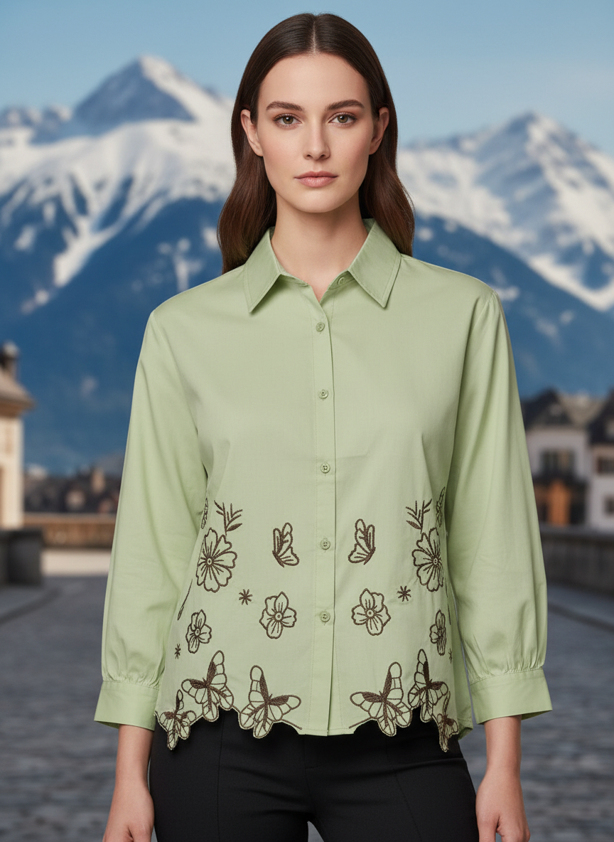 Sage Green Floral Butterfly Embroidered Shirt