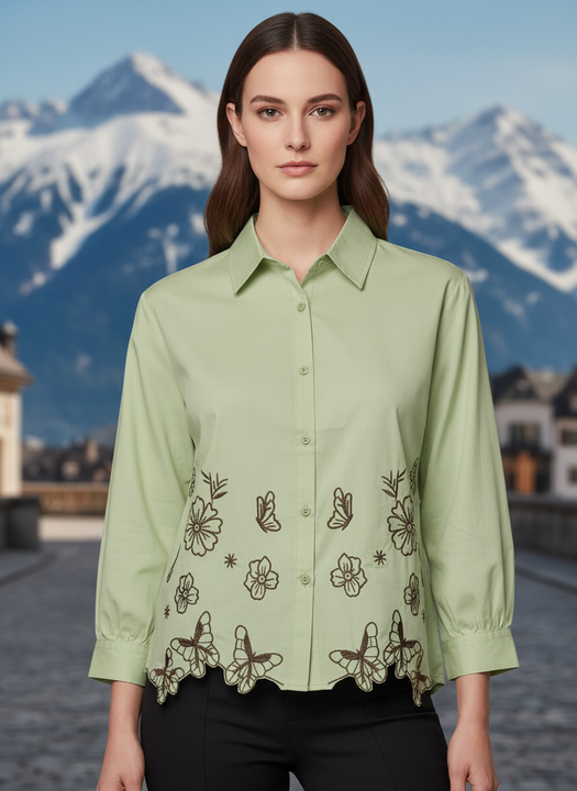 Sage Green Floral Butterfly Embroidered Shirt